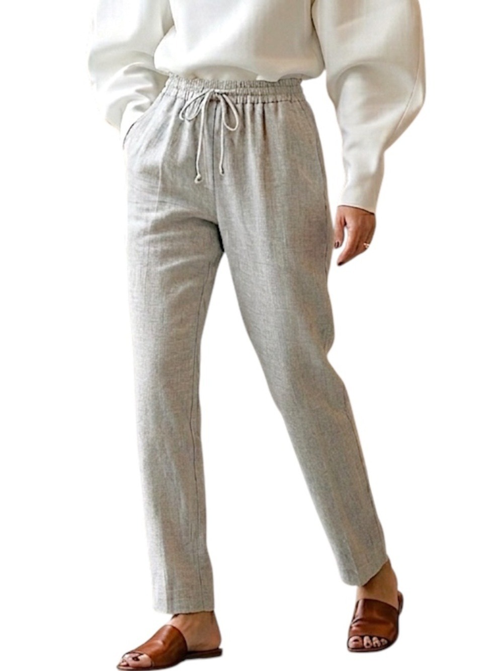 Minimalist coastal linen style grey elastic waist slim straight pants trousers